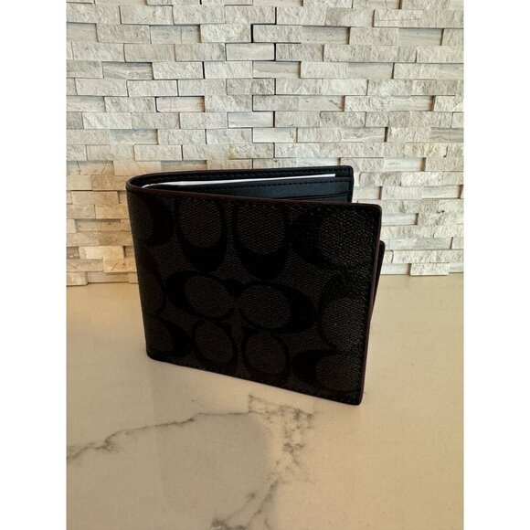 Coach Men's Wallet Compact ID Signature Black Oxblood NEW - Picture 1 of 5